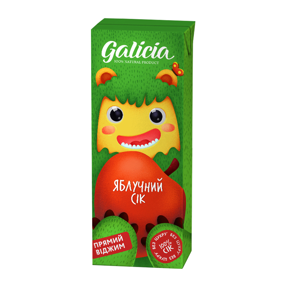 Сік яблучний неосвітлений пастеризований Galicia картонна пляшка 0,2 л